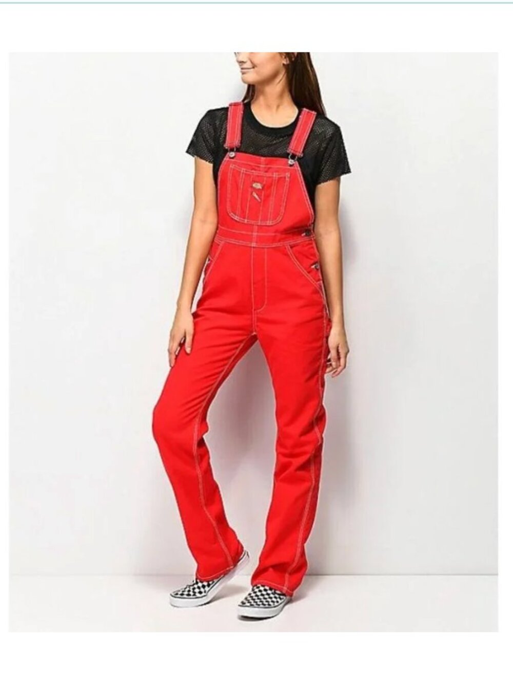 Dickies Red Straight Leg Relaxed Carpenter Workwear Denim Overalls Women's Large